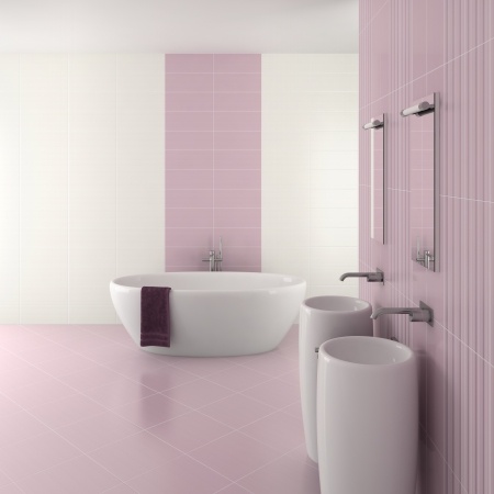 חדר אמבטיה עם קרמיקה בגוון וורוד